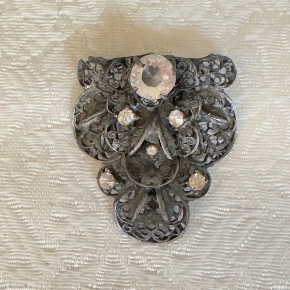 Vintage Art Nouveau Rhinestone Pot Metal Filigree and Flowers Dress Clip 1940s